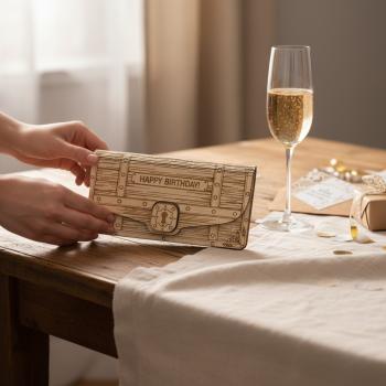 Holz Umschlag aus hellem Sperrholz mit gelasertem Schriftzug „Happy Birthday“